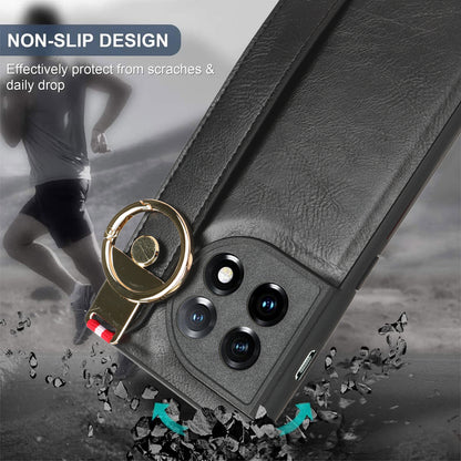 Wristband Kickstand Phone Cover for OnePlus 11 5G , Leather Coated PC+TPU Case with Neck Strap