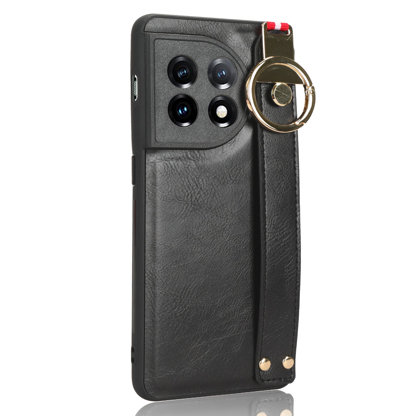 Wristband Kickstand Phone Cover for OnePlus 11 5G , Leather Coated PC+TPU Case with Neck Strap