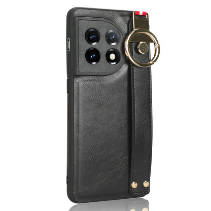 Wristband Kickstand Phone Cover for OnePlus 11 5G , Leather Coated PC+TPU Case with Neck Strap