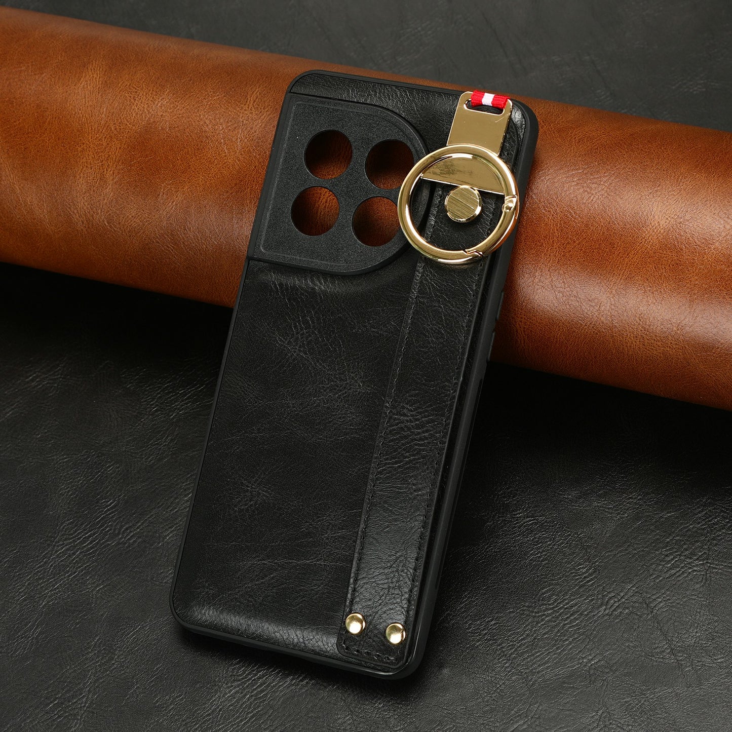 Wristband Kickstand Phone Cover for OnePlus 11 5G , Leather Coated PC+TPU Case with Neck Strap