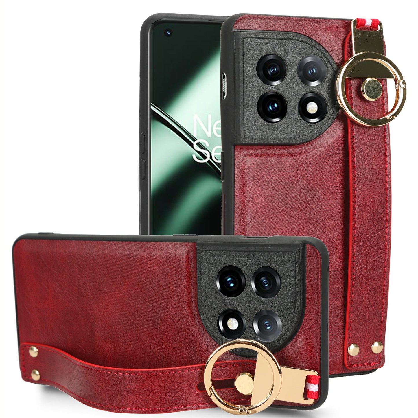 Wristband Kickstand Phone Cover for OnePlus 11 5G , Leather Coated PC+TPU Case with Neck Strap