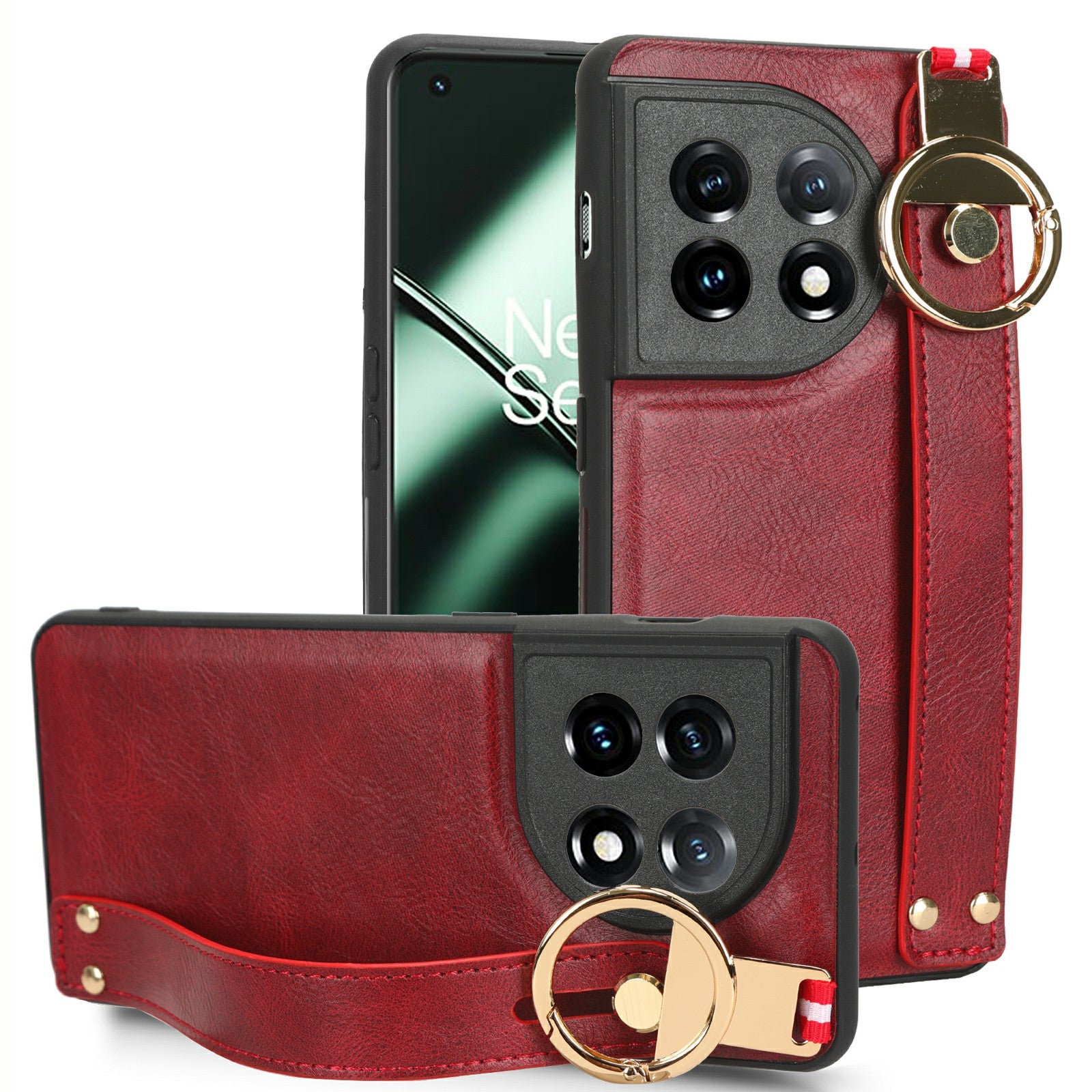 Wristband Kickstand Phone Cover for OnePlus 11 5G , Leather Coated PC+TPU Case with Neck Strap