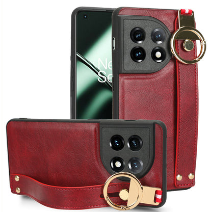 Wristband Kickstand Phone Cover for OnePlus 11 5G , Leather Coated PC+TPU Case with Neck Strap