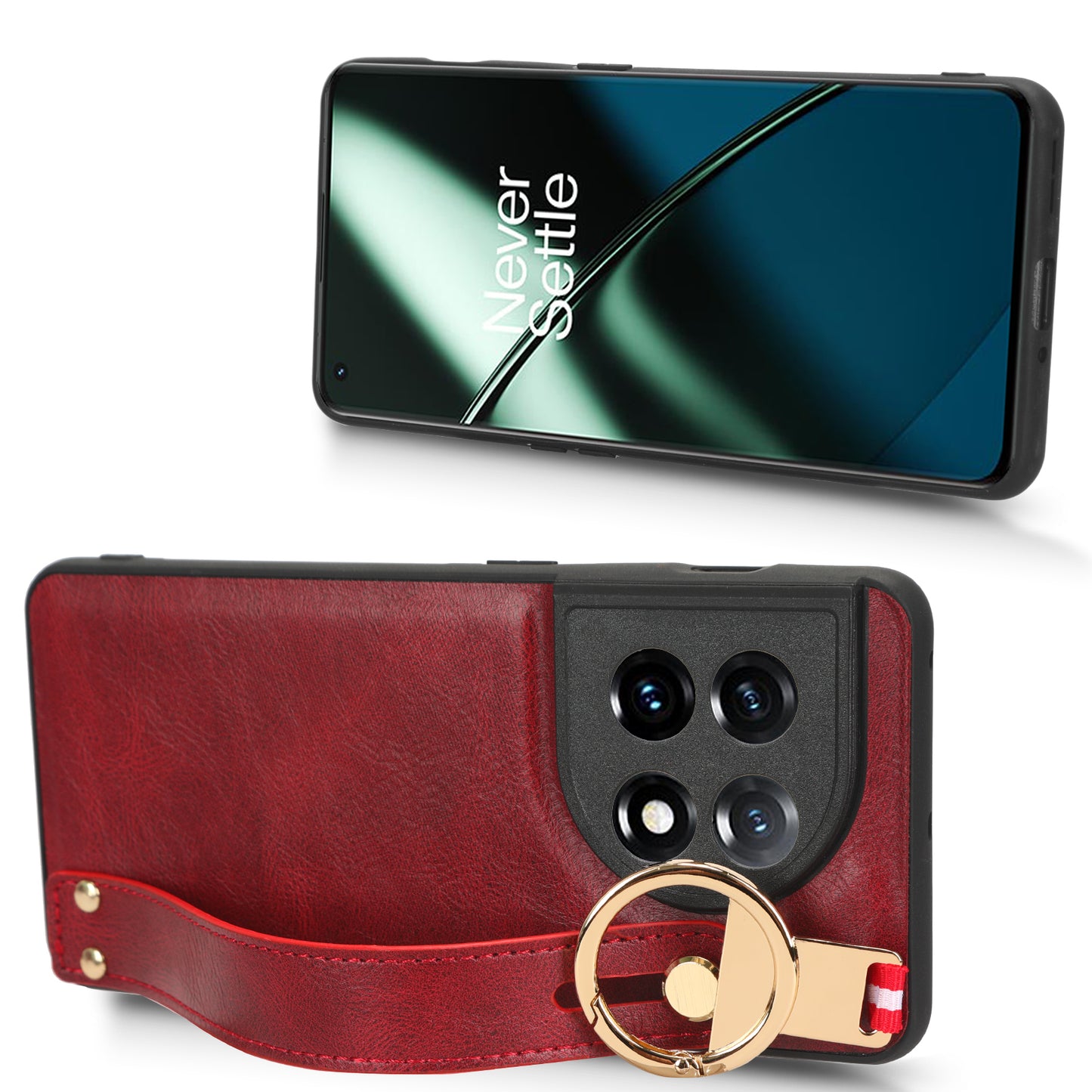 Wristband Kickstand Phone Cover for OnePlus 11 5G , Leather Coated PC+TPU Case with Neck Strap