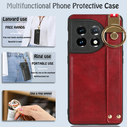Wristband Kickstand Phone Cover for OnePlus 11 5G , Leather Coated PC+TPU Case with Neck Strap