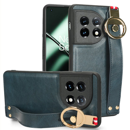 Wristband Kickstand Phone Cover for OnePlus 11 5G , Leather Coated PC+TPU Case with Neck Strap