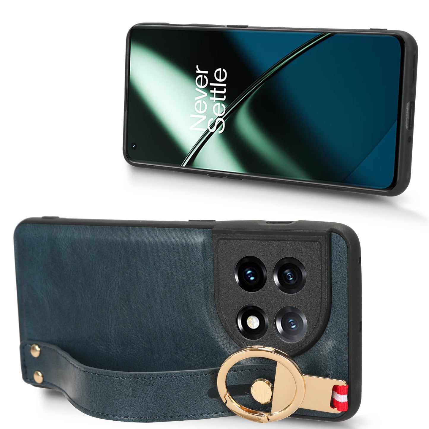 Wristband Kickstand Phone Cover for OnePlus 11 5G , Leather Coated PC+TPU Case with Neck Strap