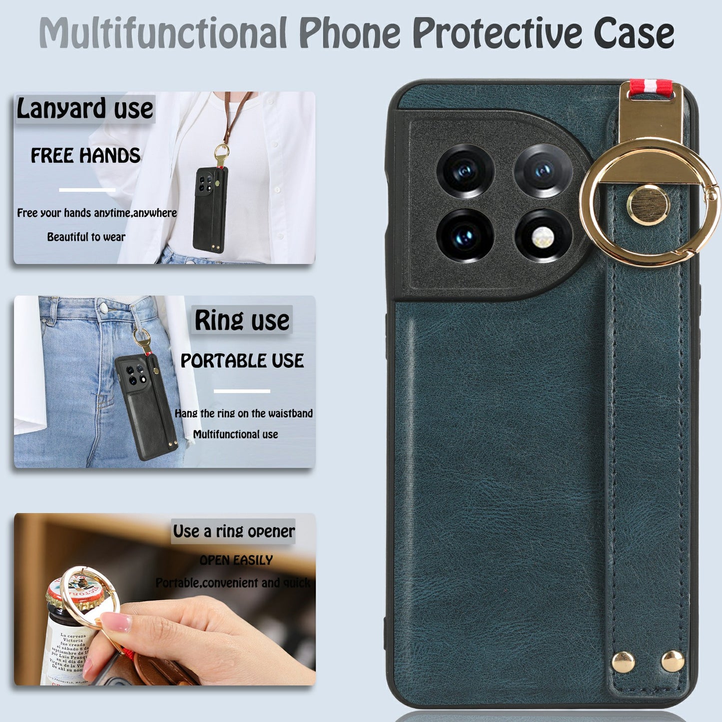 Wristband Kickstand Phone Cover for OnePlus 11 5G , Leather Coated PC+TPU Case with Neck Strap