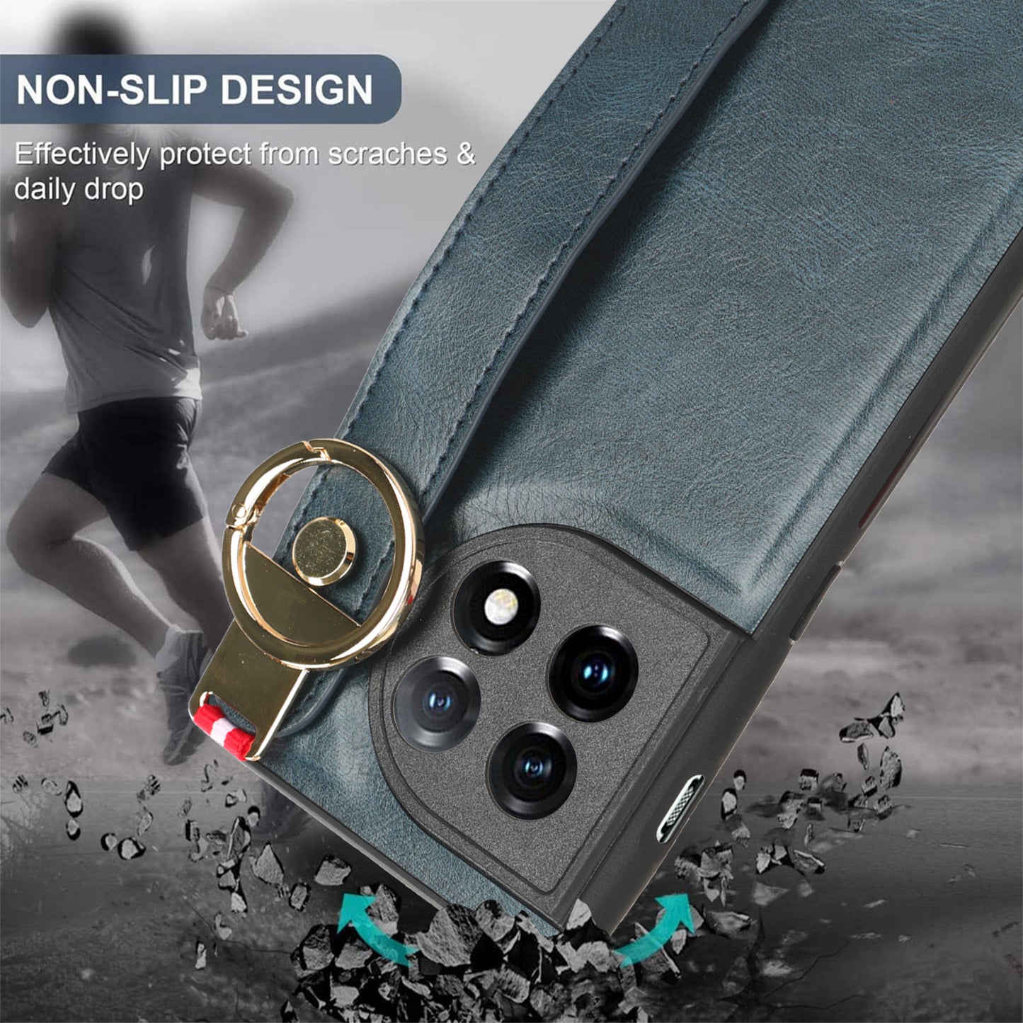 Wristband Kickstand Phone Cover for OnePlus 11 5G , Leather Coated PC+TPU Case with Neck Strap