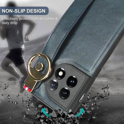 Wristband Kickstand Phone Cover for OnePlus 11 5G , Leather Coated PC+TPU Case with Neck Strap