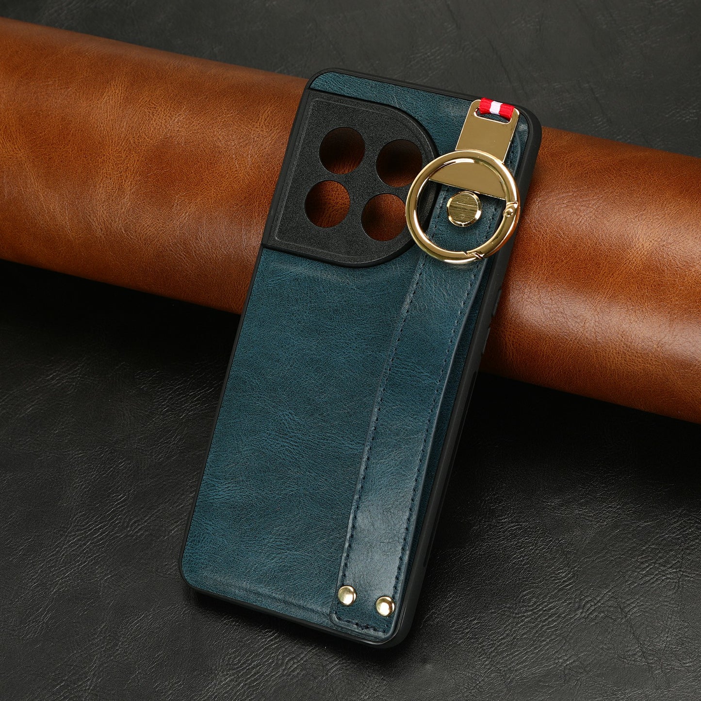Wristband Kickstand Phone Cover for OnePlus 11 5G , Leather Coated PC+TPU Case with Neck Strap