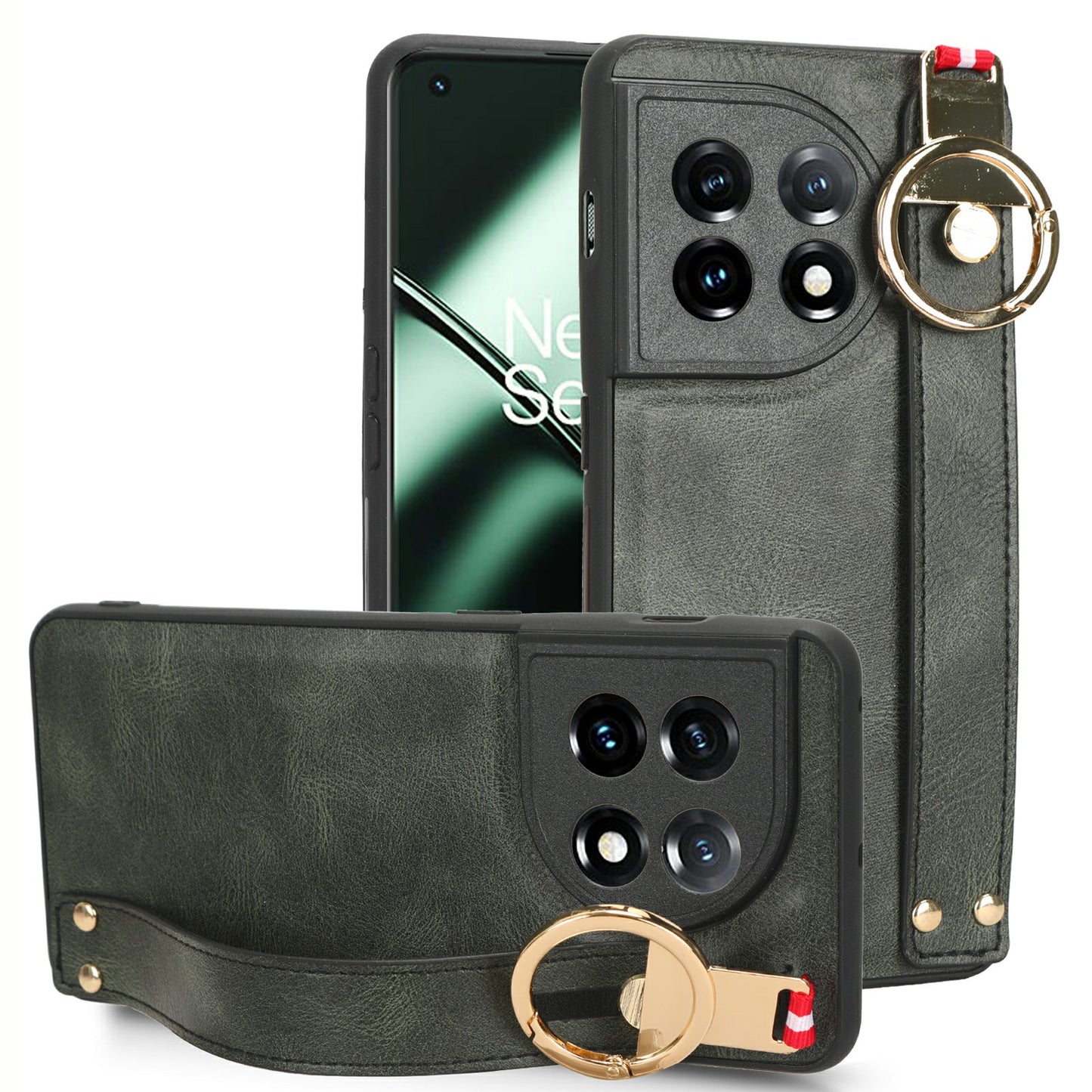Wristband Kickstand Phone Cover for OnePlus 11 5G , Leather Coated PC+TPU Case with Neck Strap