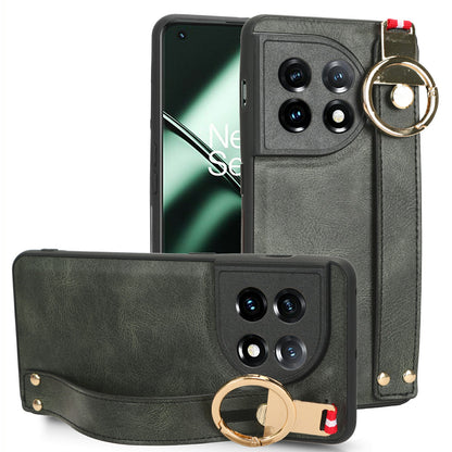 Wristband Kickstand Phone Cover for OnePlus 11 5G , Leather Coated PC+TPU Case with Neck Strap