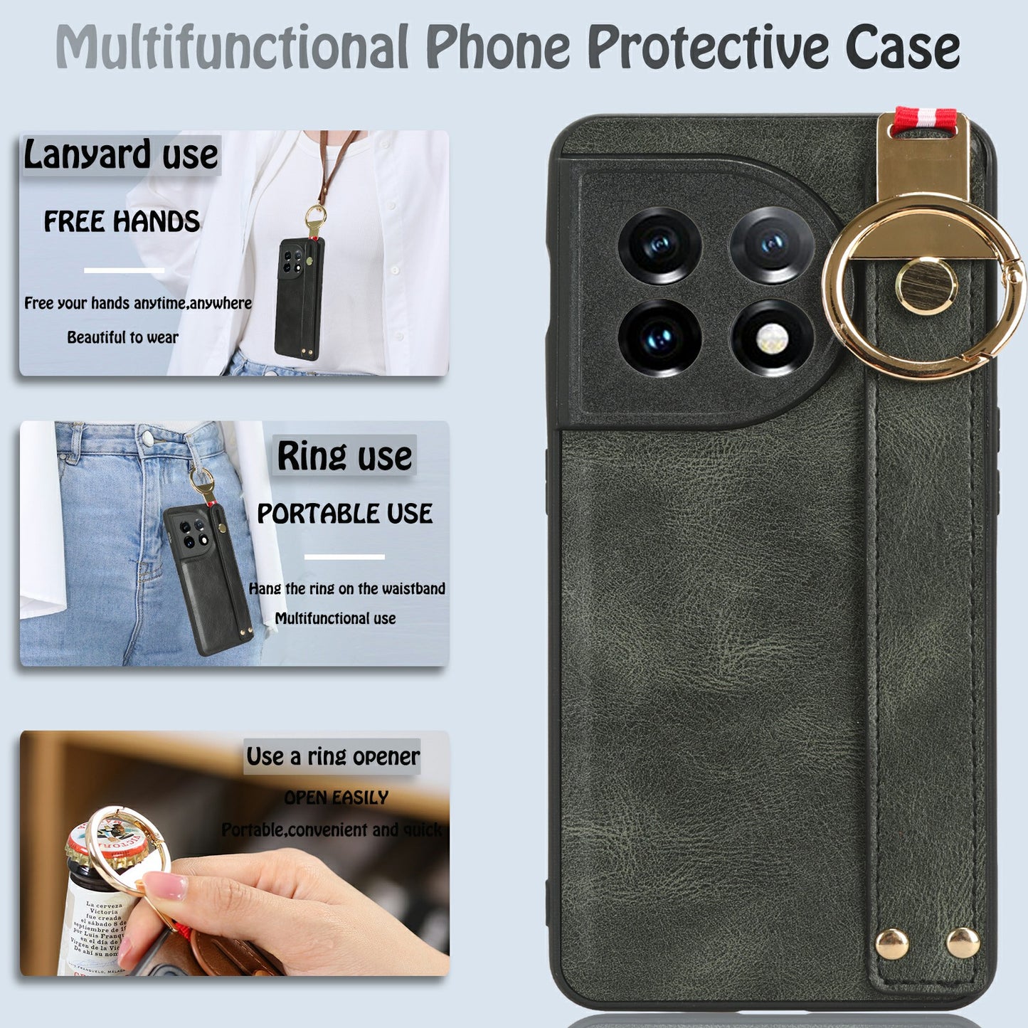 Wristband Kickstand Phone Cover for OnePlus 11 5G , Leather Coated PC+TPU Case with Neck Strap