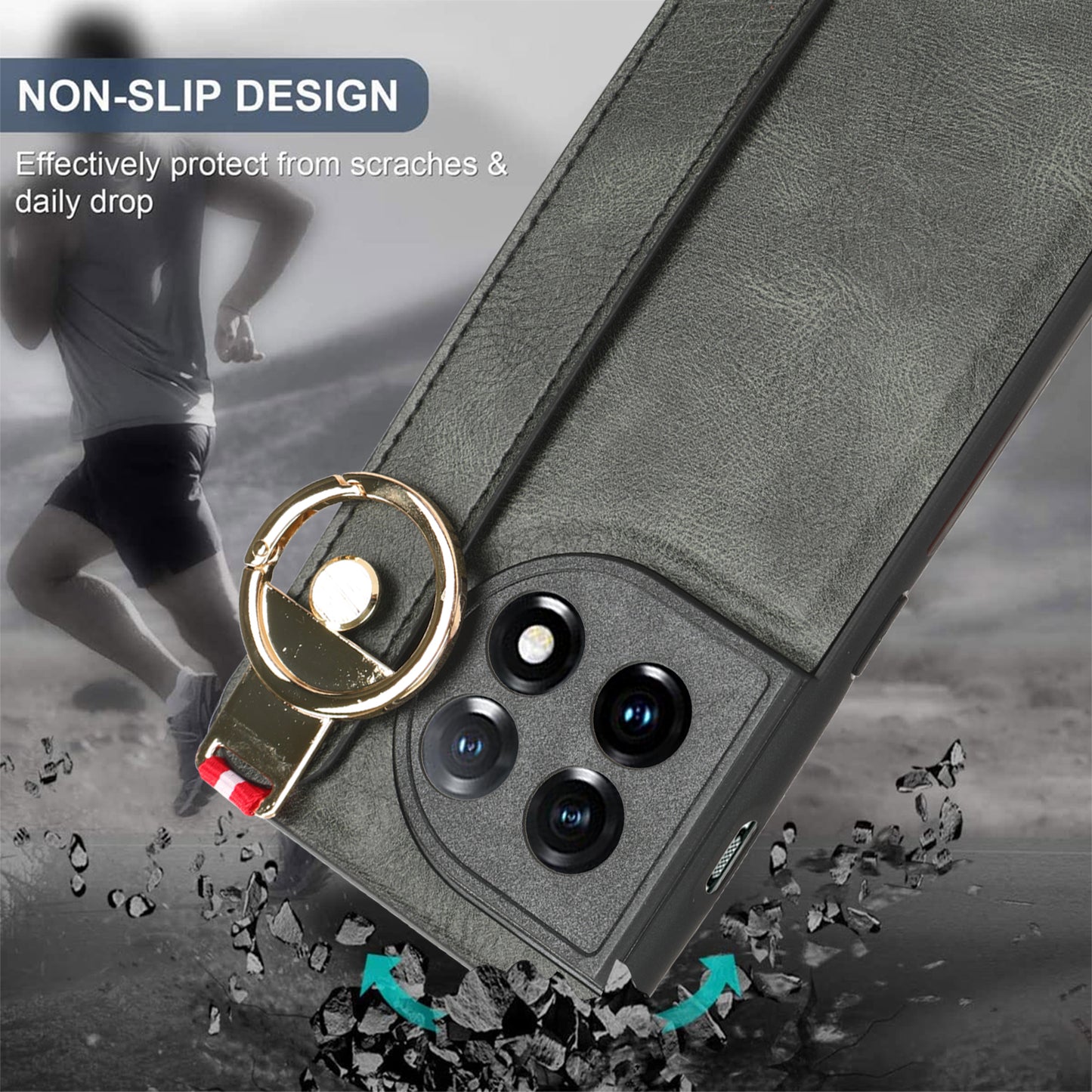 Wristband Kickstand Phone Cover for OnePlus 11 5G , Leather Coated PC+TPU Case with Neck Strap