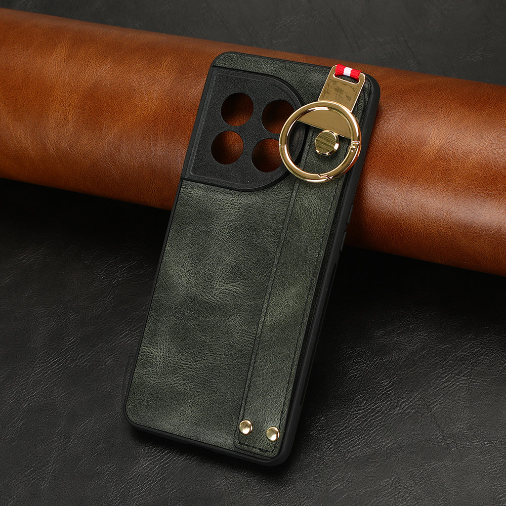 Wristband Kickstand Phone Cover for OnePlus 11 5G , Leather Coated PC+TPU Case with Neck Strap