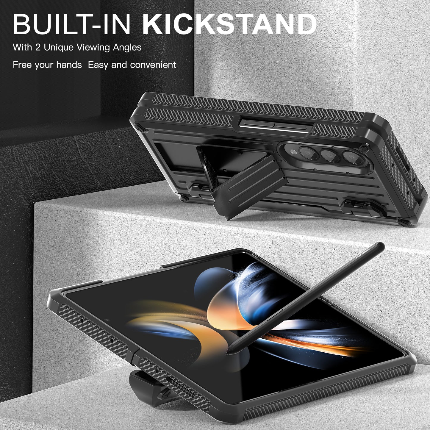 For Samsung Galaxy Z Fold4 5G Kickstand Phone Case Pen Holder Hinge PC+TPU Cover with PET Screen Protector