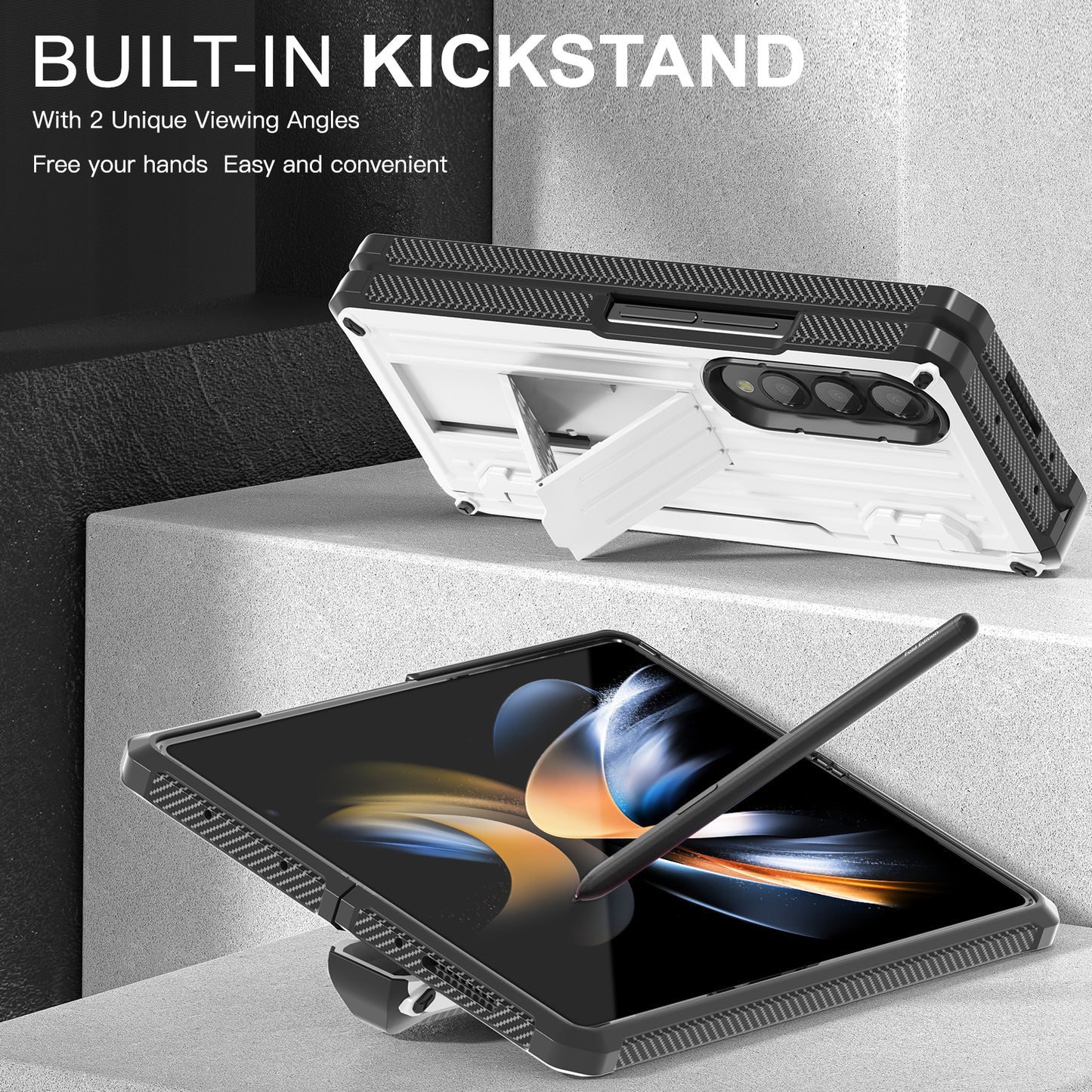 For Samsung Galaxy Z Fold4 5G Kickstand Phone Case Pen Holder Hinge PC+TPU Cover with PET Screen Protector