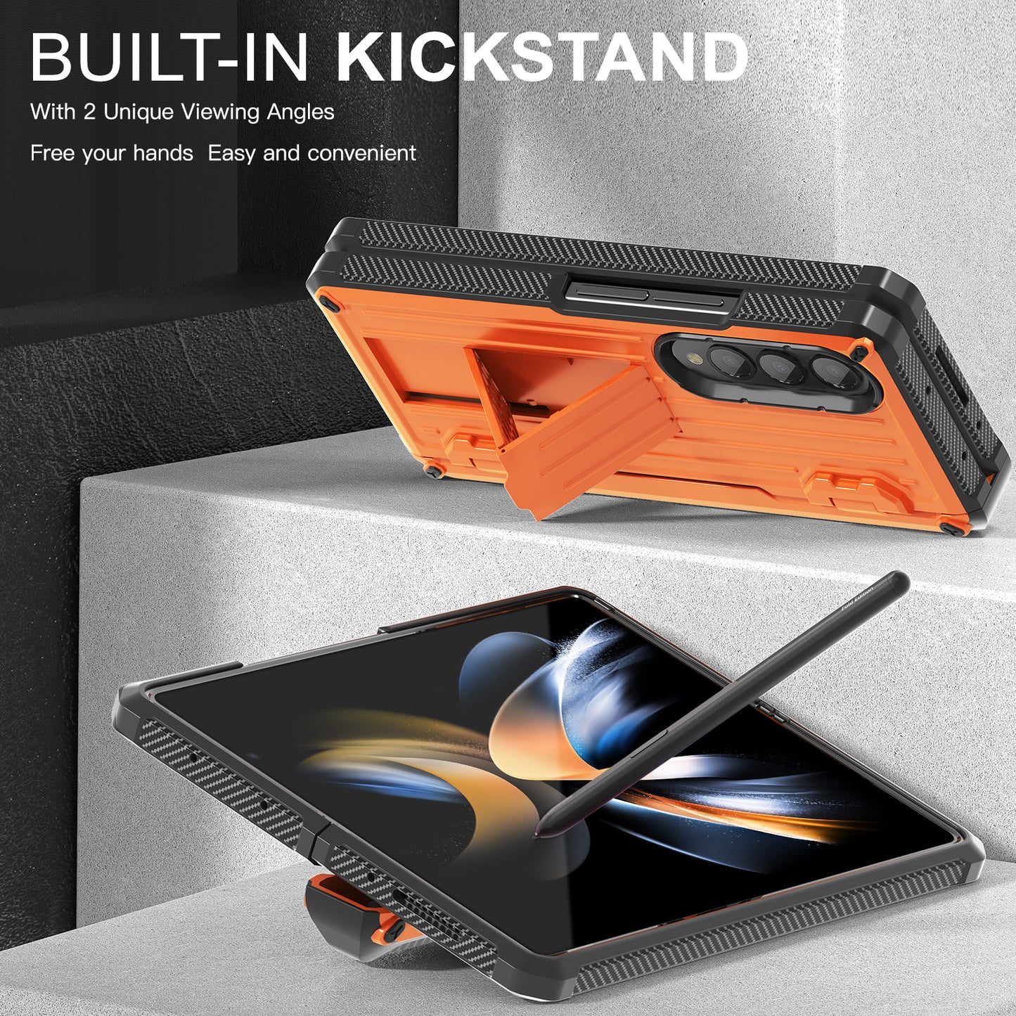 For Samsung Galaxy Z Fold4 5G Kickstand Phone Case Pen Holder Hinge PC+TPU Cover with PET Screen Protector