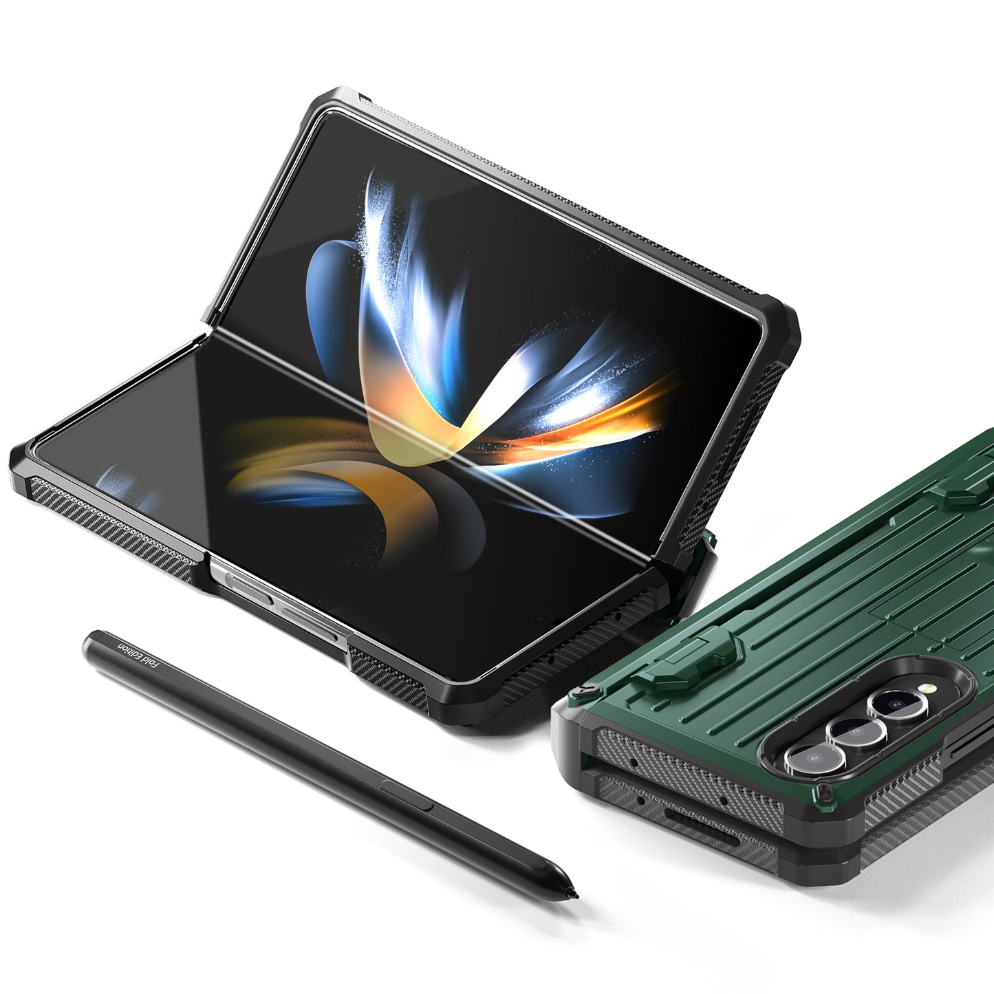 For Samsung Galaxy Z Fold4 5G Kickstand Phone Case Pen Holder Hinge PC+TPU Cover with PET Screen Protector