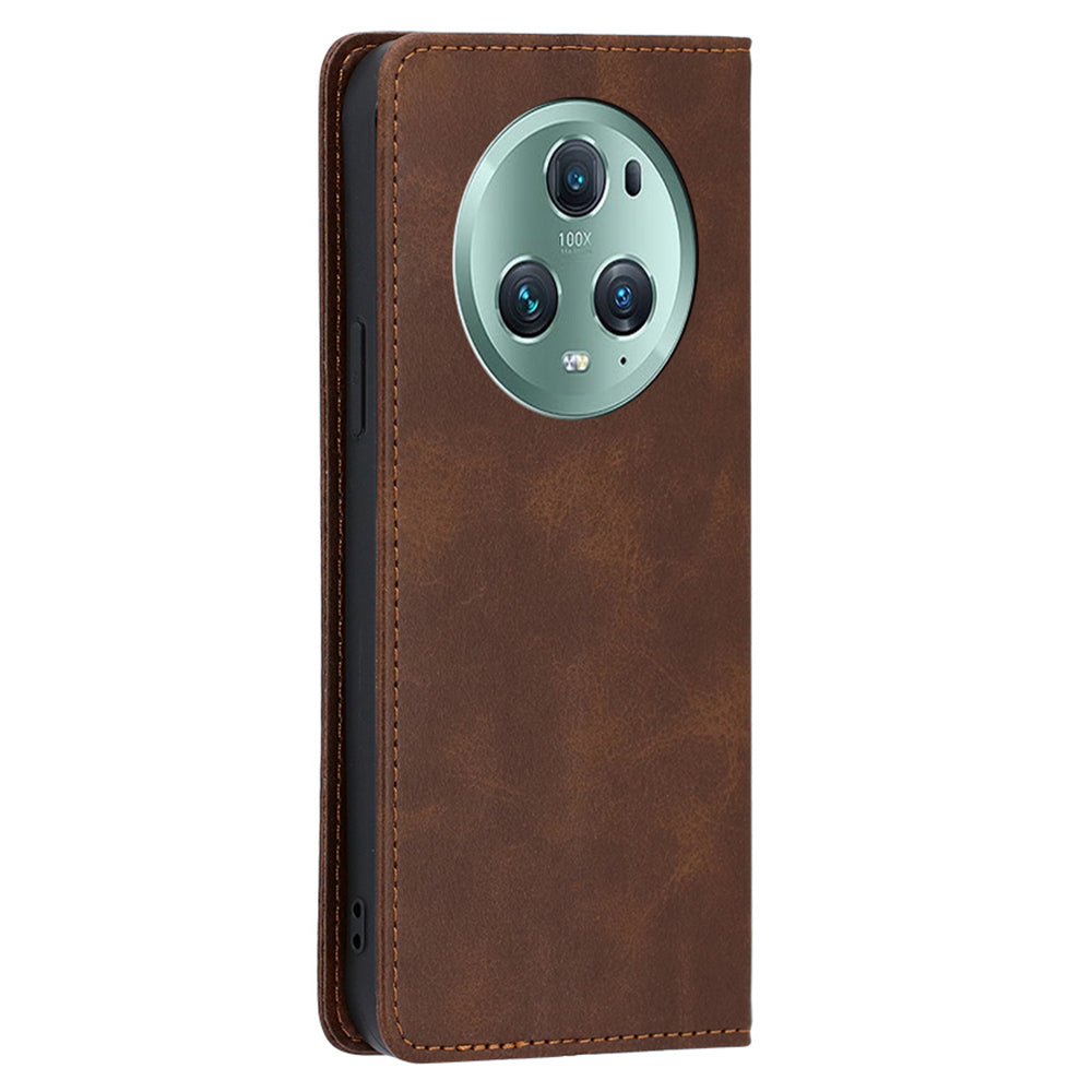 Phone Case for Honor Magic5 Pro PU Leather+TPU Wallet Stand Calf Texture Magnetic Closing Cover
