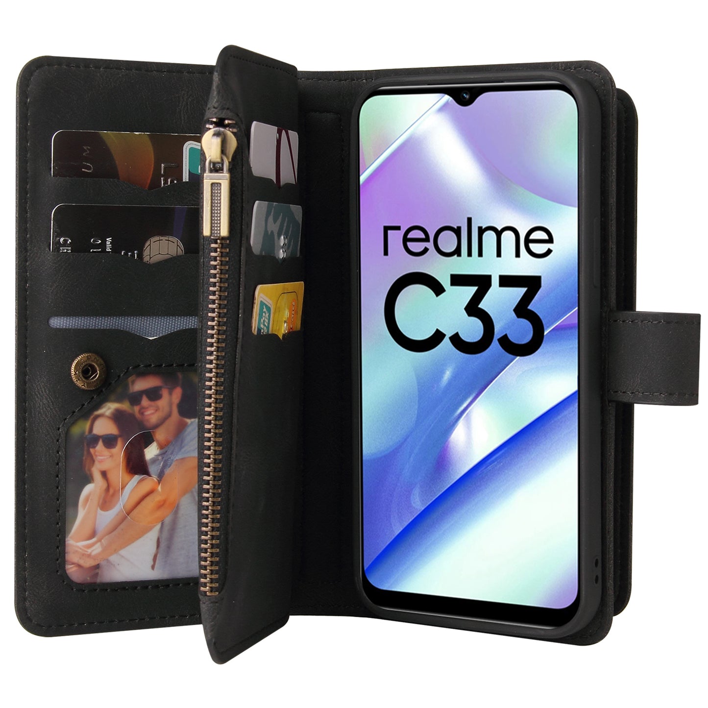 For Realme C33 4G / C33 2023 4G KT Multi-Functional Series-2 Zipper Pocket Leather Phone Case Multiple Card Slots Wallet Stand Cover