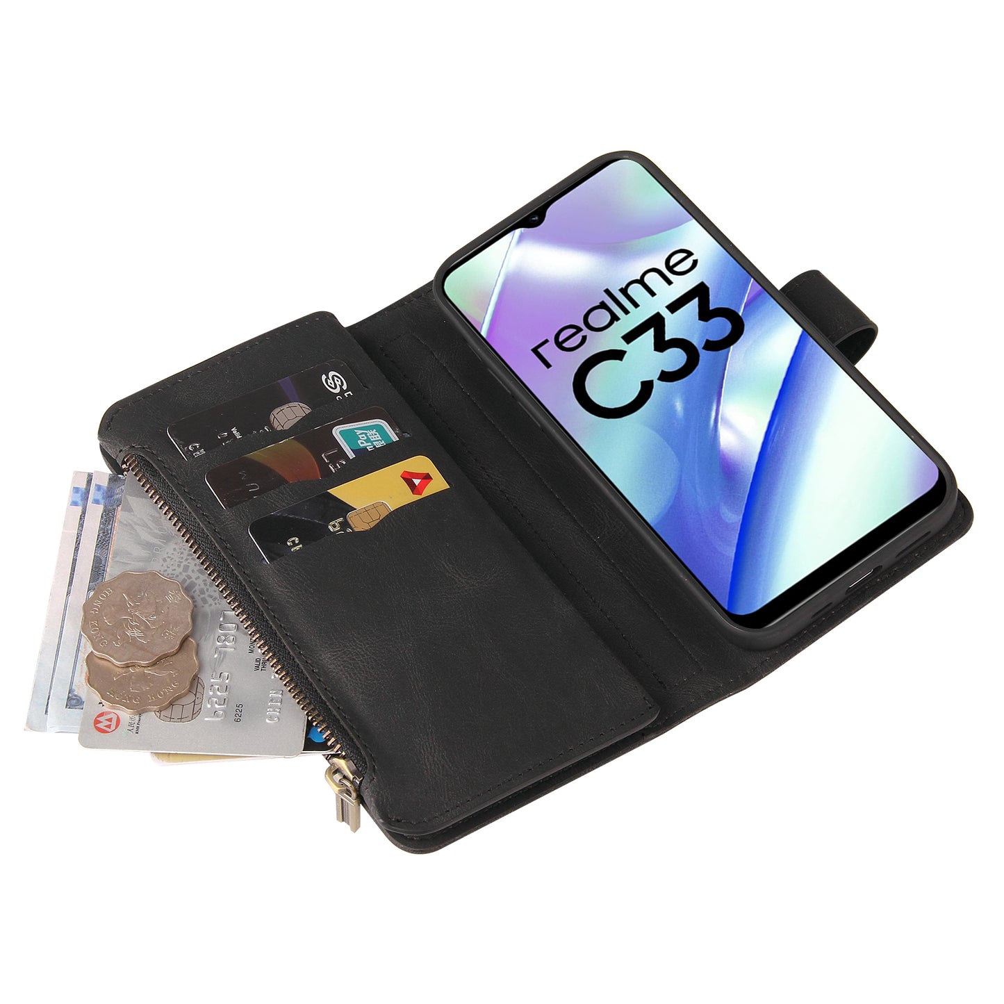 For Realme C33 4G / C33 2023 4G KT Multi-Functional Series-2 Zipper Pocket Leather Phone Case Multiple Card Slots Wallet Stand Cover