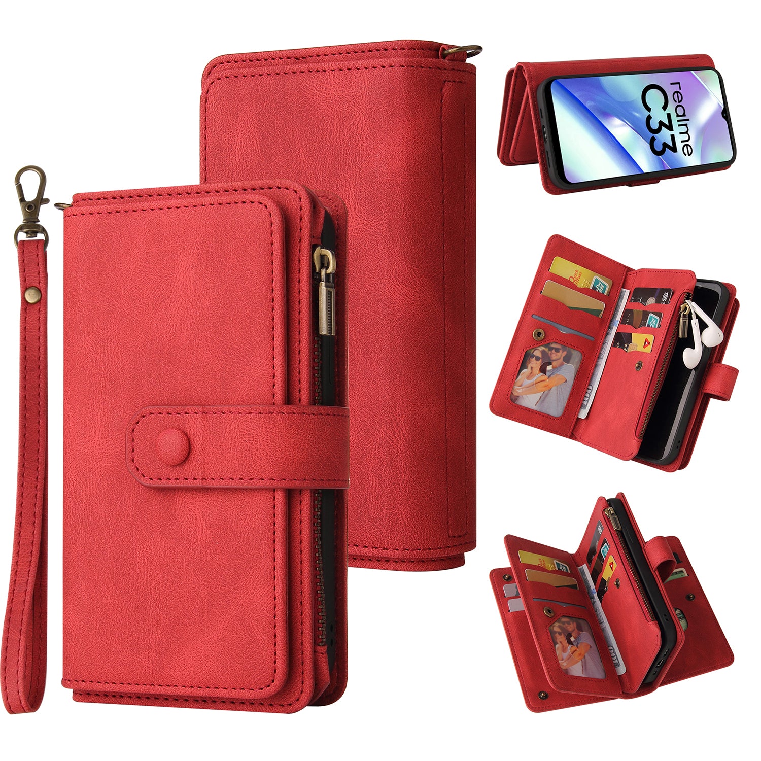 For Realme C33 4G / C33 2023 4G KT Multi-Functional Series-2 Zipper Pocket Leather Phone Case Multiple Card Slots Wallet Stand Cover