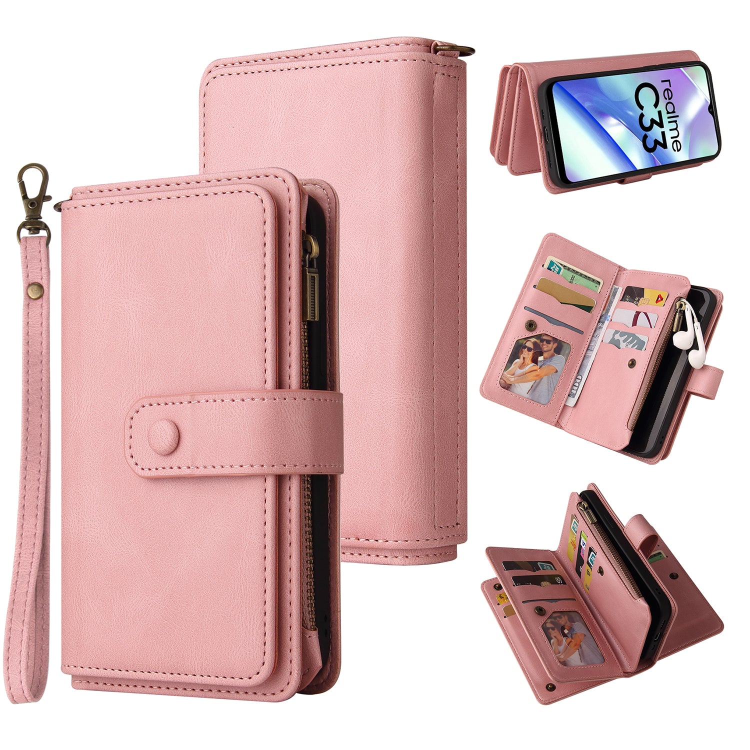 For Realme C33 4G / C33 2023 4G KT Multi-Functional Series-2 Zipper Pocket Leather Phone Case Multiple Card Slots Wallet Stand Cover