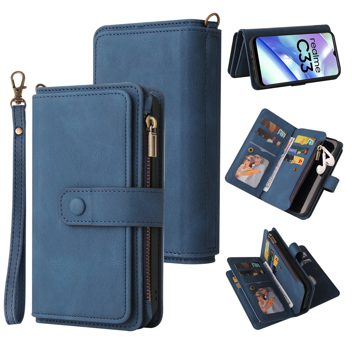 For Realme C33 4G / C33 2023 4G KT Multi-Functional Series-2 Zipper Pocket Leather Phone Case Multiple Card Slots Wallet Stand Cover