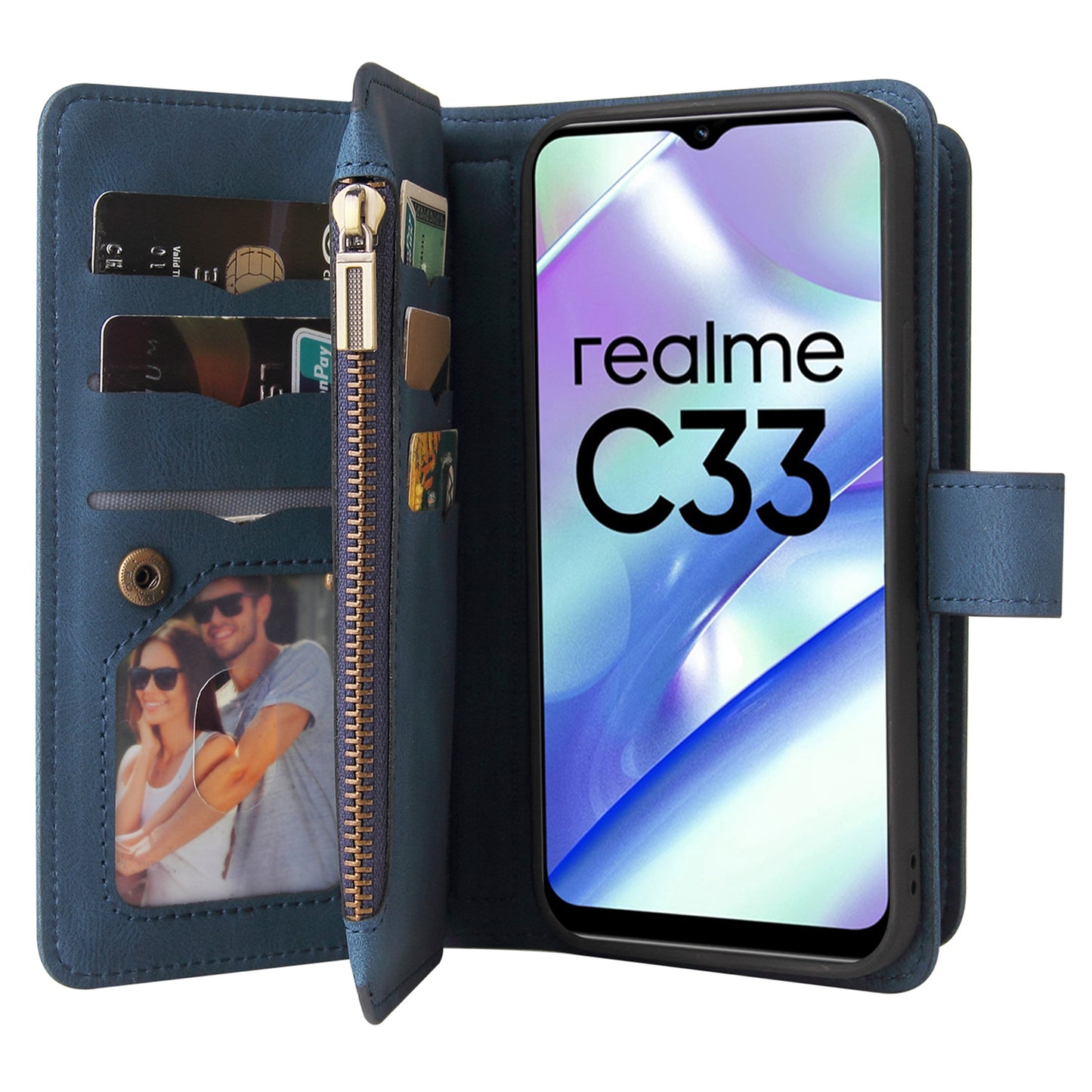 For Realme C33 4G / C33 2023 4G KT Multi-Functional Series-2 Zipper Pocket Leather Phone Case Multiple Card Slots Wallet Stand Cover