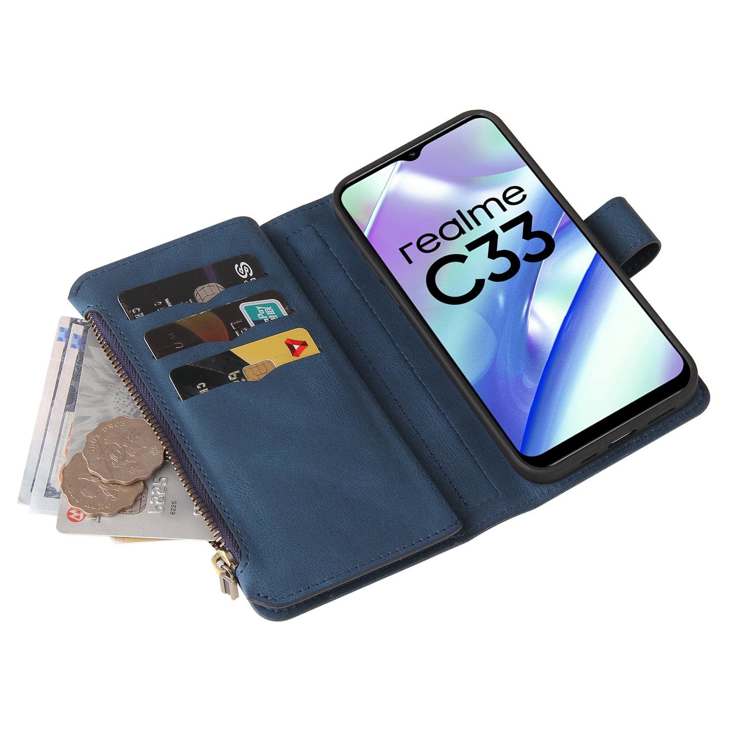 For Realme C33 4G / C33 2023 4G KT Multi-Functional Series-2 Zipper Pocket Leather Phone Case Multiple Card Slots Wallet Stand Cover
