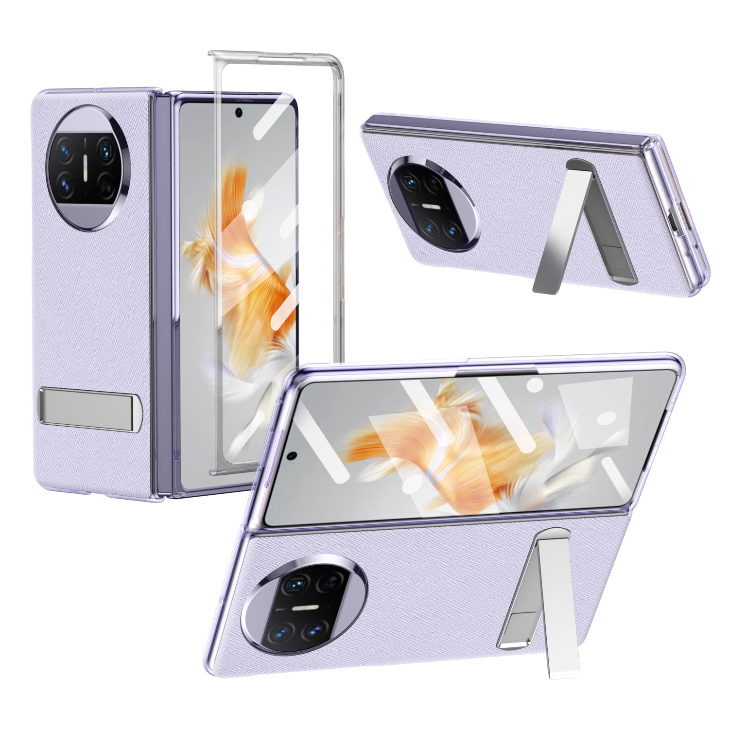 For Huawei Mate X3 5G PU Leather Coated PC Phone Case Kickstand Transparent Border Cover with Tempered Glass Film
