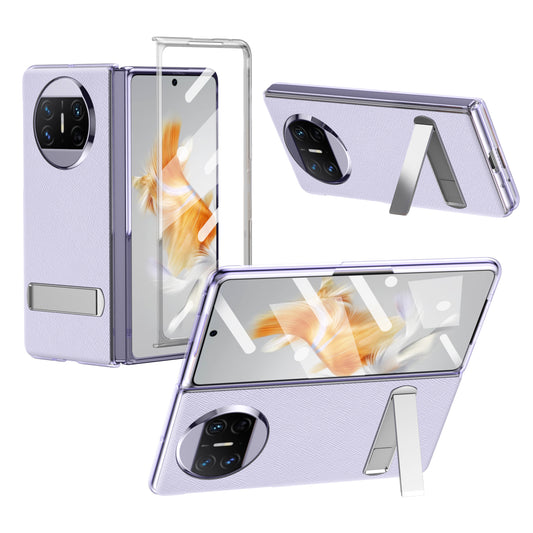 For Huawei Mate X3 5G PU Leather Coated PC Phone Case Kickstand Transparent Border Cover with Tempered Glass Film