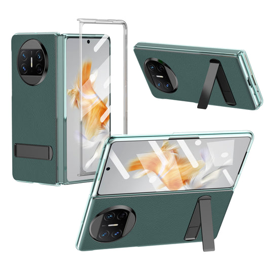 For Huawei Mate X3 5G PU Leather Coated PC Phone Case Kickstand Transparent Border Cover with Tempered Glass Film