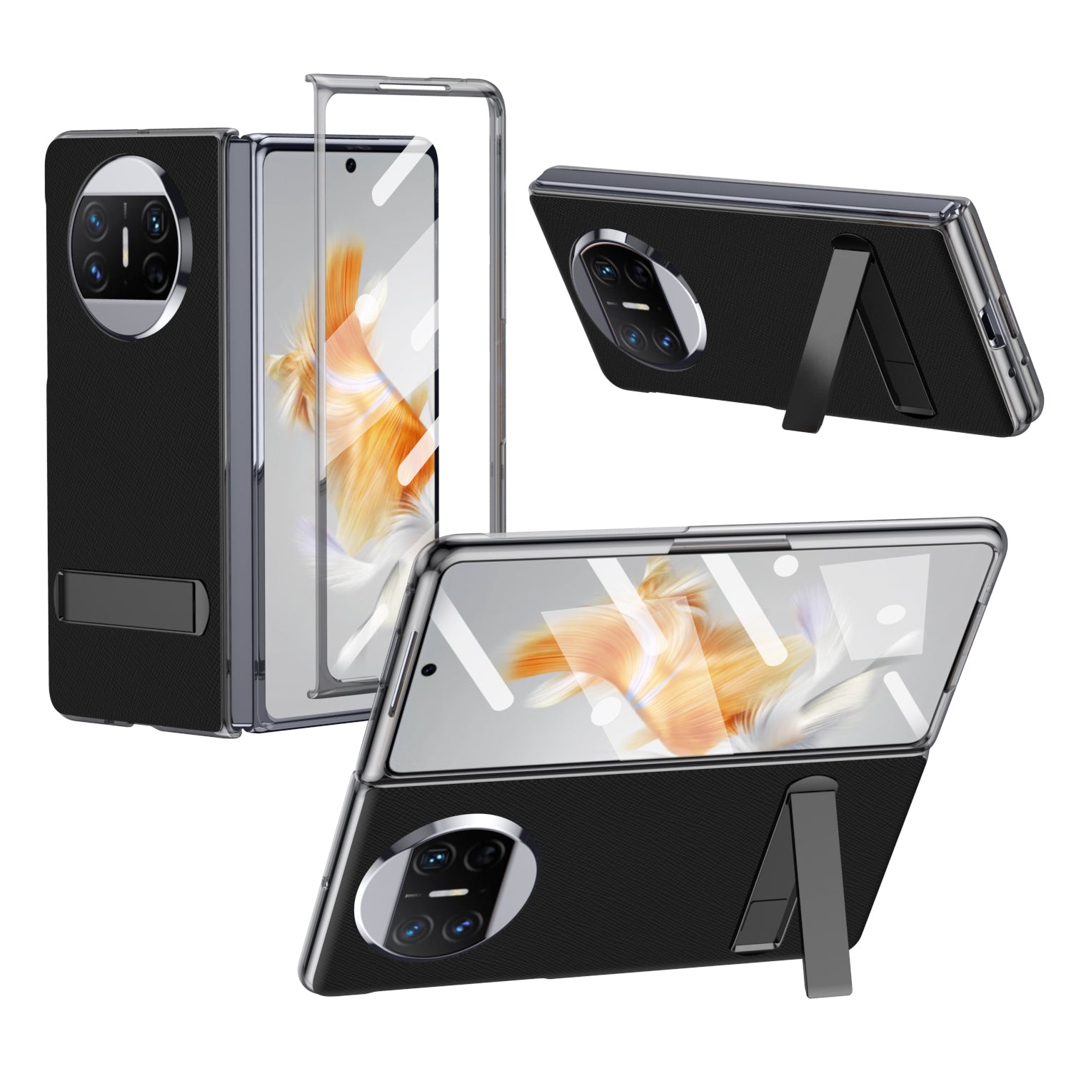 For Huawei Mate X3 5G PU Leather Coated PC Phone Case Kickstand Transparent Border Cover with Tempered Glass Film