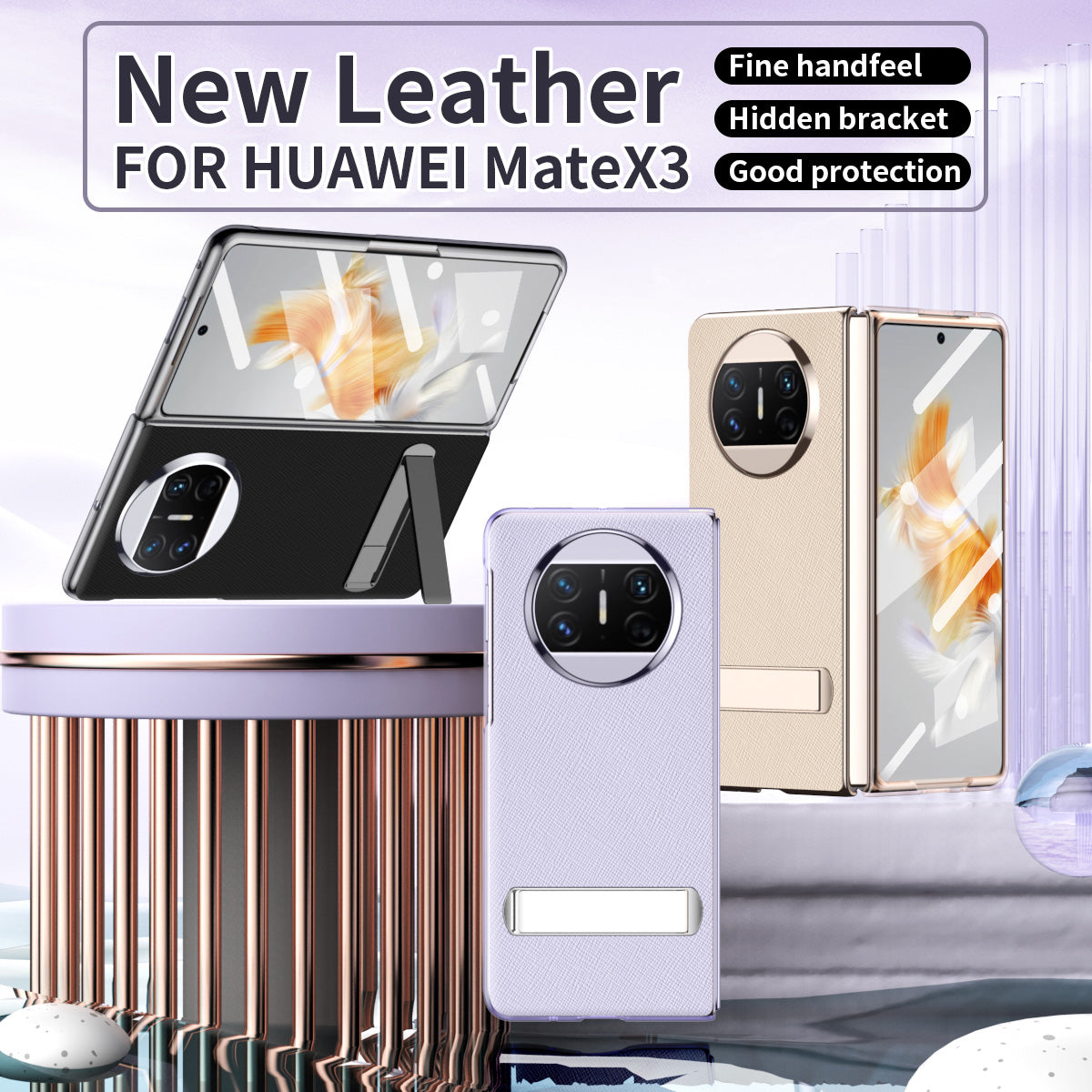 For Huawei Mate X3 5G PU Leather Coated PC Phone Case Kickstand Transparent Border Cover with Tempered Glass Film