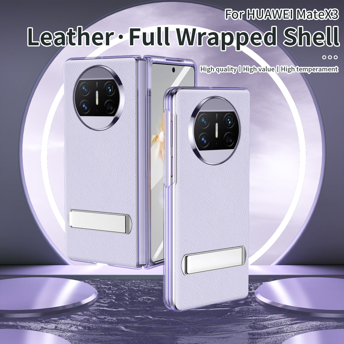 For Huawei Mate X3 5G PU Leather Coated PC Phone Case Kickstand Transparent Border Cover with Tempered Glass Film