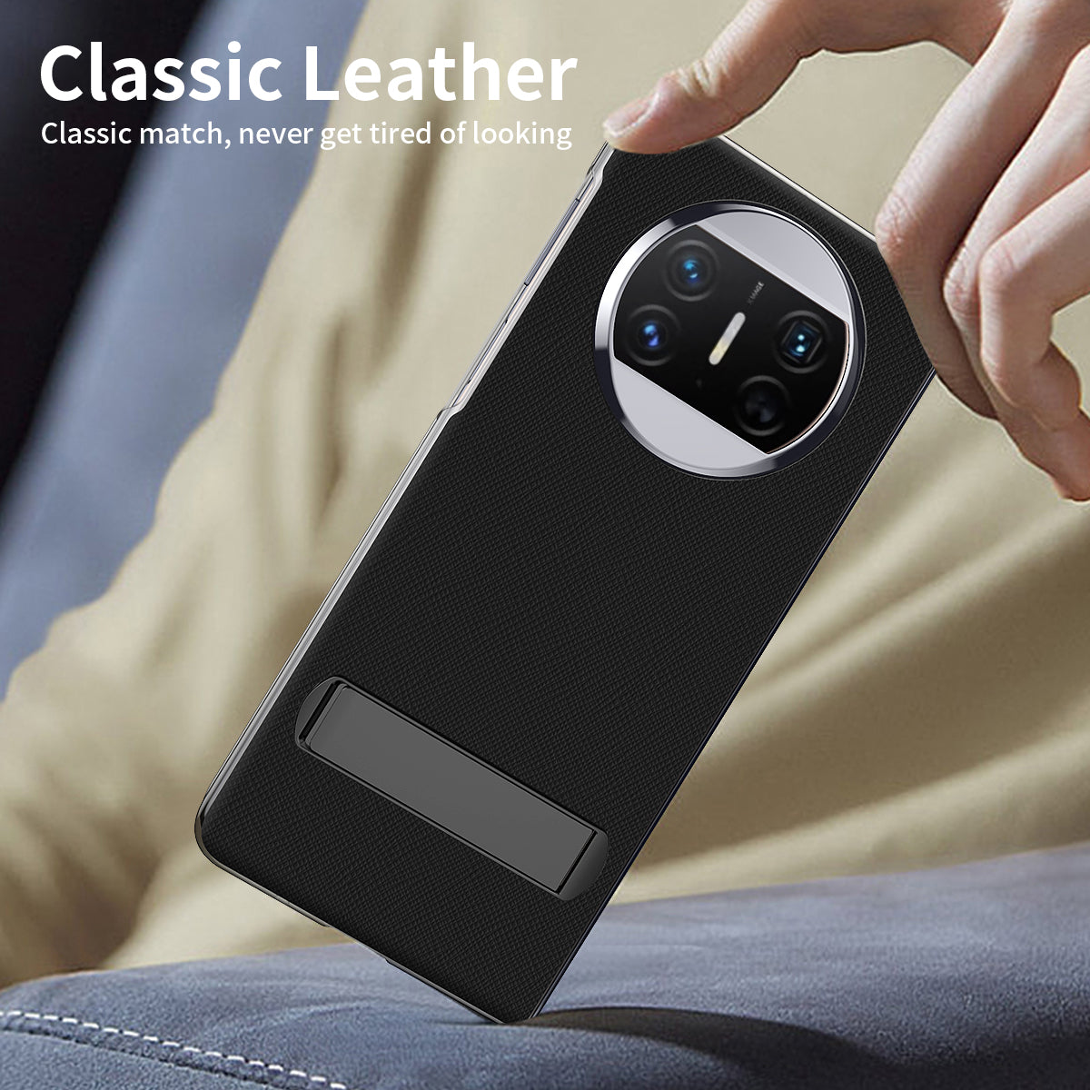 For Huawei Mate X3 5G PU Leather Coated PC Phone Case Kickstand Transparent Border Cover with Tempered Glass Film