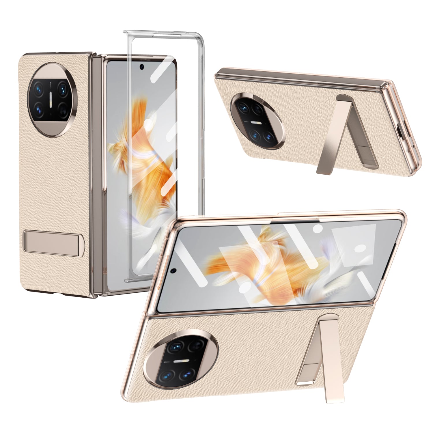 For Huawei Mate X3 5G PU Leather Coated PC Phone Case Kickstand Transparent Border Cover with Tempered Glass Film