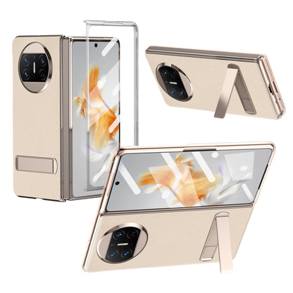 For Huawei Mate X3 5G PU Leather Coated PC Phone Case Kickstand Transparent Border Cover with Tempered Glass Film