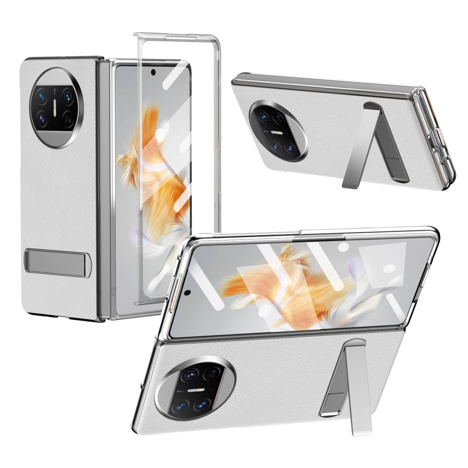 For Huawei Mate X3 5G PU Leather Coated PC Phone Case Kickstand Transparent Border Cover with Tempered Glass Film