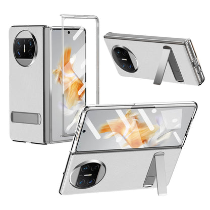 For Huawei Mate X3 5G PU Leather Coated PC Phone Case Kickstand Transparent Border Cover with Tempered Glass Film