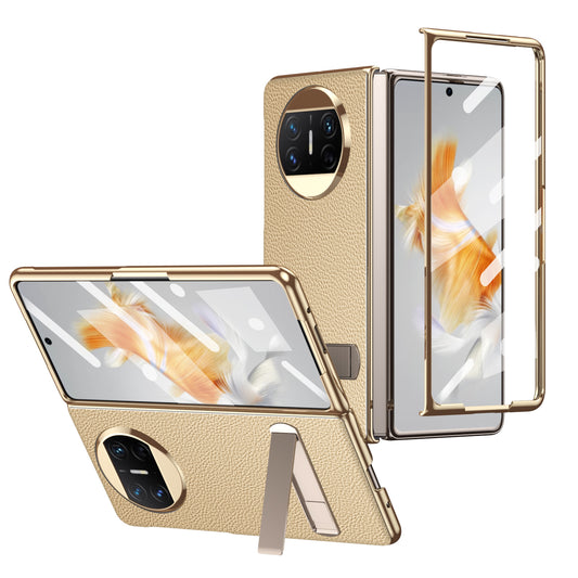 For Huawei Mate X3 5G Kickstand Phone Case PU Leather Coated PC Electroplating Frame Cover with Tempered Glass Film