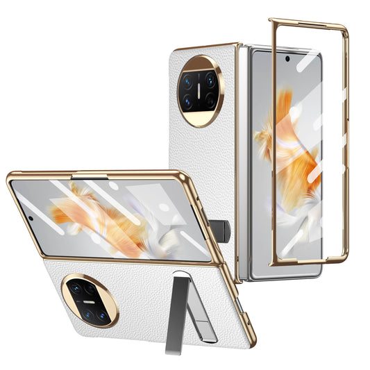 For Huawei Mate X3 5G Kickstand Phone Case PU Leather Coated PC Electroplating Frame Cover with Tempered Glass Film