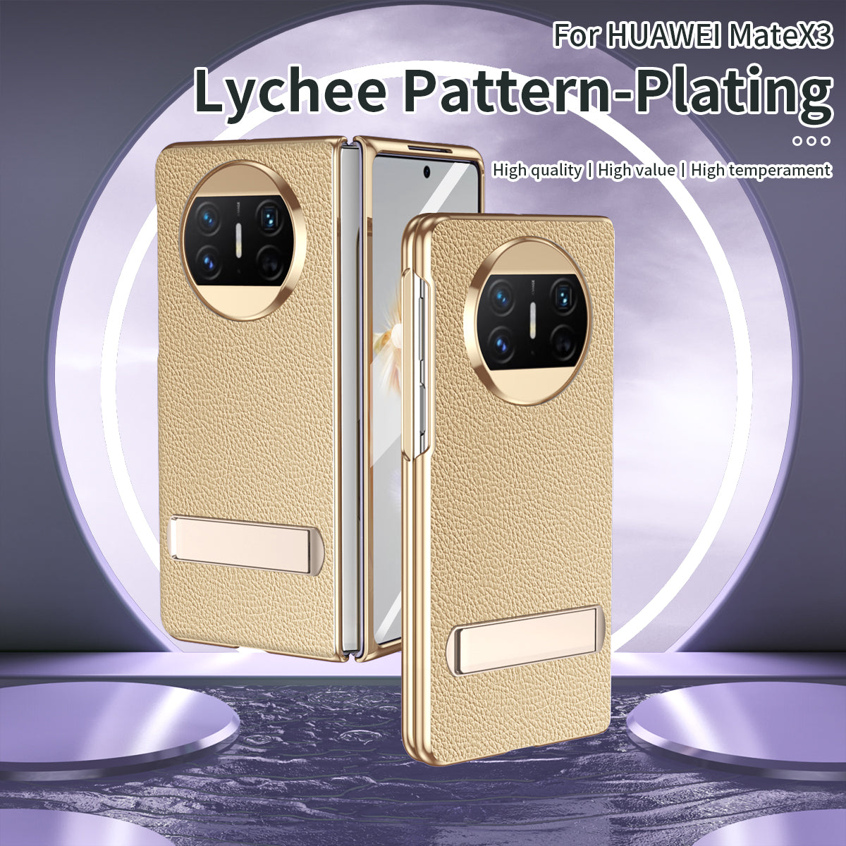 For Huawei Mate X3 5G Kickstand Phone Case PU Leather Coated PC Electroplating Frame Cover with Tempered Glass Film