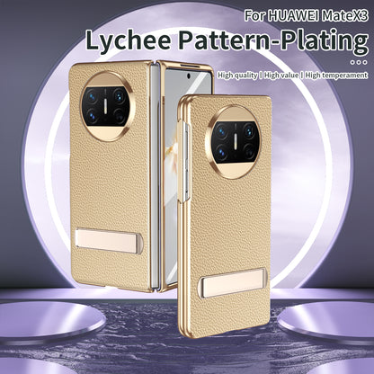 For Huawei Mate X3 5G Kickstand Phone Case PU Leather Coated PC Electroplating Frame Cover with Tempered Glass Film