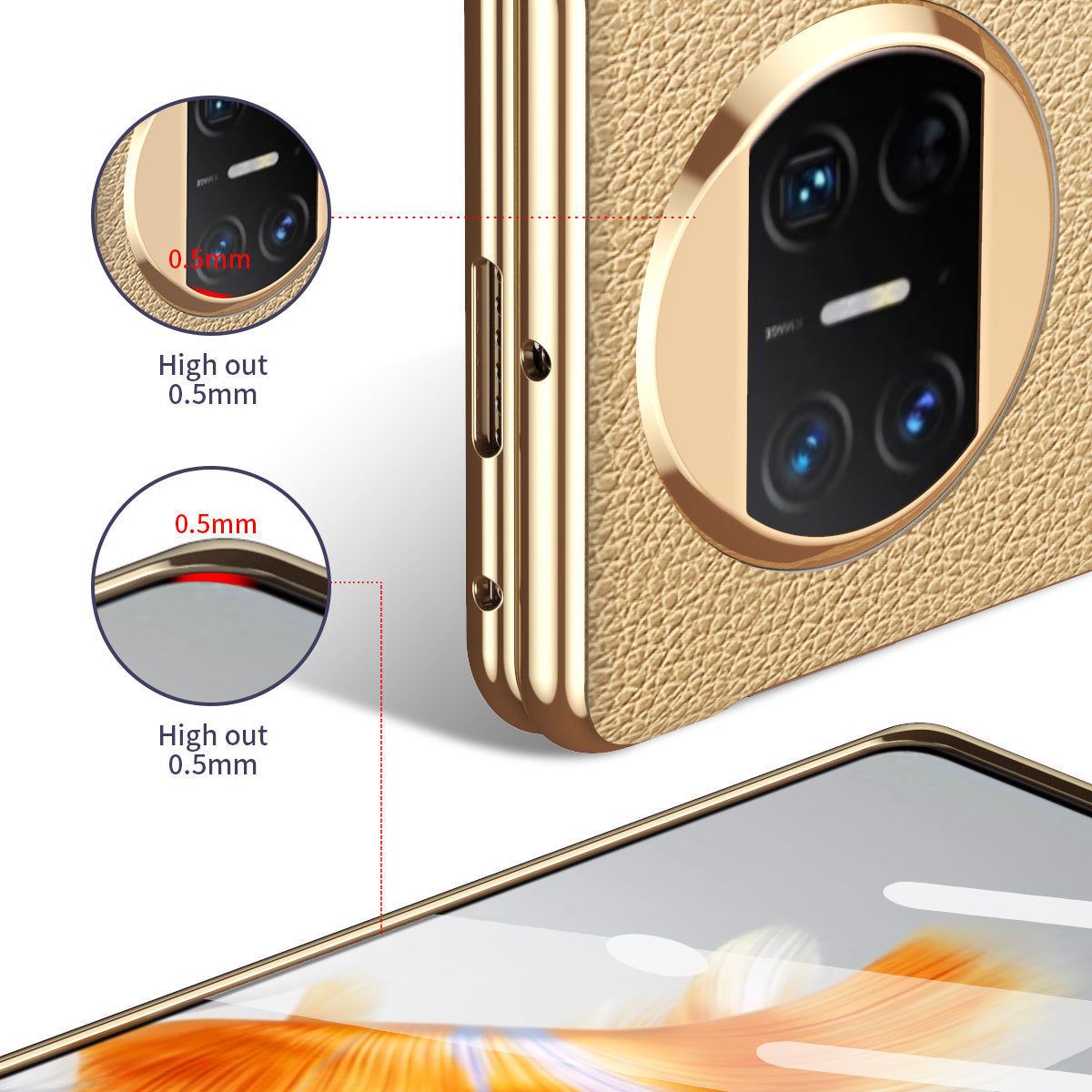 For Huawei Mate X3 5G Kickstand Phone Case PU Leather Coated PC Electroplating Frame Cover with Tempered Glass Film