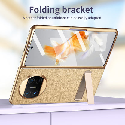 For Huawei Mate X3 5G Kickstand Phone Case PU Leather Coated PC Electroplating Frame Cover with Tempered Glass Film
