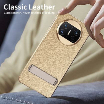 For Huawei Mate X3 5G Kickstand Phone Case PU Leather Coated PC Electroplating Frame Cover with Tempered Glass Film